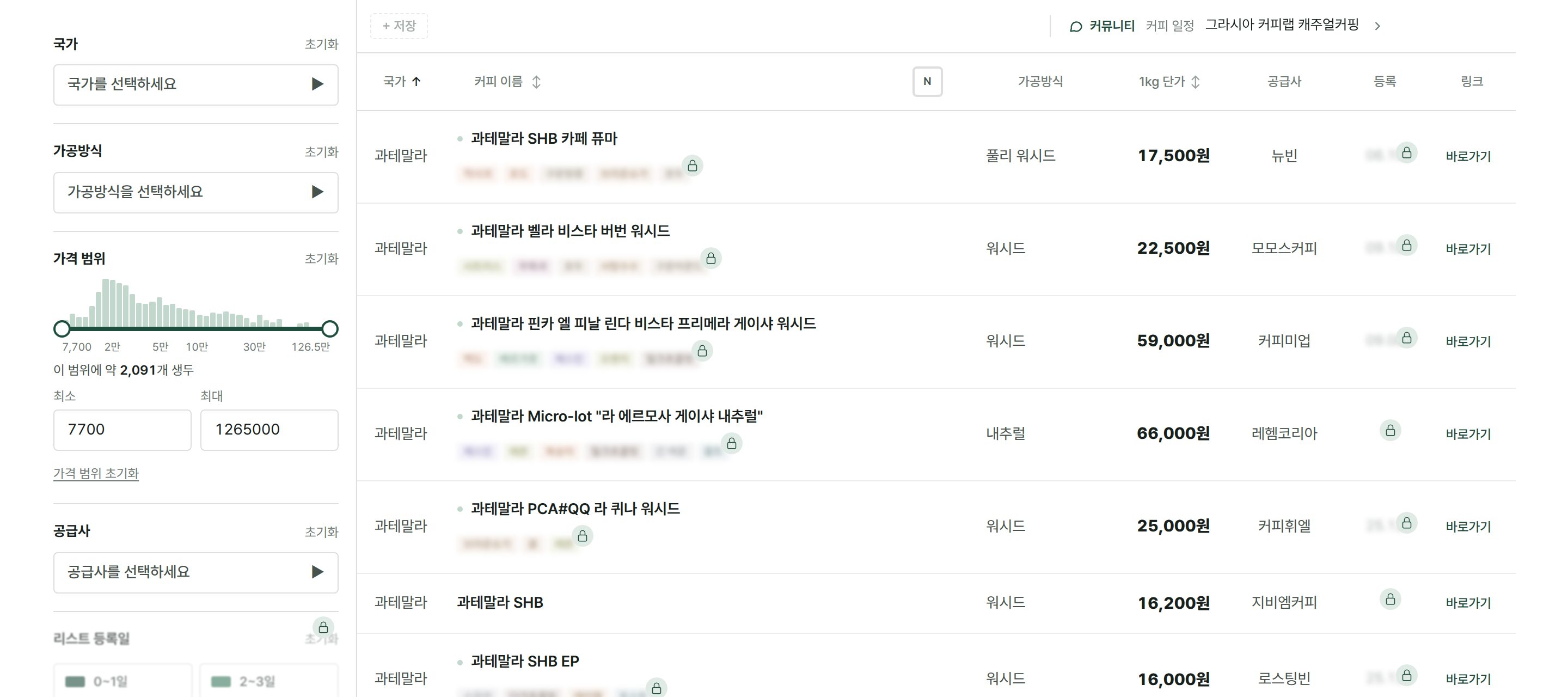 생두 검색 화면 — 왼쪽 필터와 생두 리스트